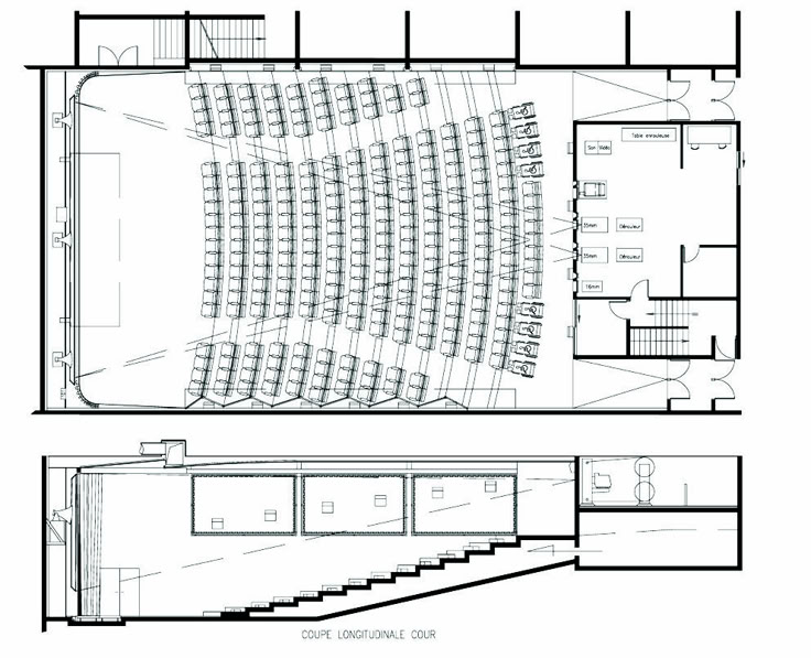 the floor plan for an auditorium, with seats and stairs in each section on either side