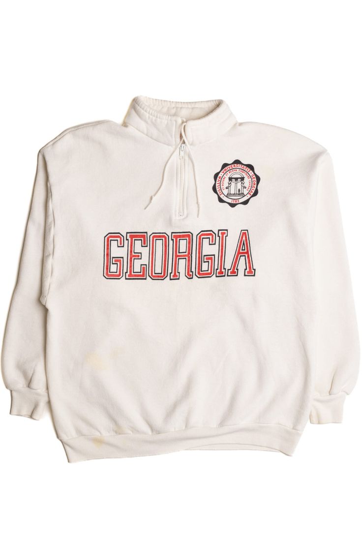 University of Georgia Sweatshirt 8521 White T-shirt With Ribbed Cuffs For College, White Fan Apparel Sweatshirt With Ribbed Cuffs, Throwback Long Sleeve T-shirt For College, White Sweatshirt With Ribbed Cuffs For Fans, White Collegiate Sweatshirt For Fall, White Fleece Sweatshirt For College, White Varsity Top With Ribbed Cuffs, Throwback Sports Season Tops With Ribbed Cuffs, Throwback Crew Neck Top For Sports Events