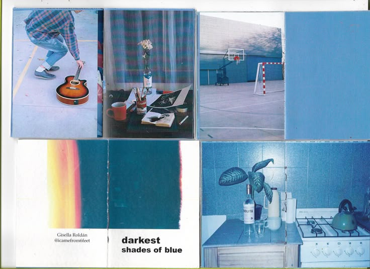 an article in a magazine with pictures of blue walls and furniture, including a man sweeping the floor