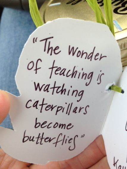 a person holding up a piece of paper with writing on it that says the wonder of teaching is watching caterpillars become butterflies