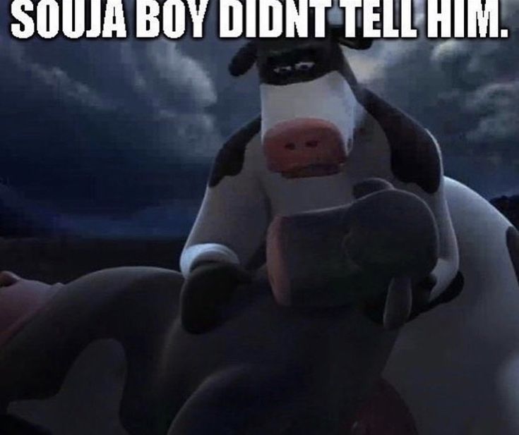 a cartoon cow sitting on top of another cow in front of a cloudy sky with the caption saying, soua boy didn't tell him