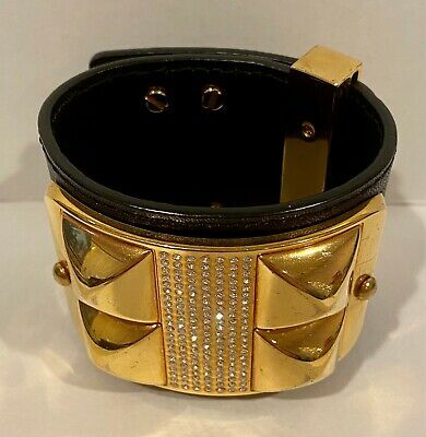 Rebecca Minkoff Studded Pave Leather Bracelet | eBay Designer Leather Bracelets, Designer Gold Leather Bracelet, Gold Vintage Leather Bracelet, Gold Leather Cuff Bracelet For Formal Occasions, Designer Adjustable Leather Jewelry, Designer Adjustable Gold Leather Bracelet, Designer Gold Leather Bracelet Adjustable, Designer Gold Adjustable Leather Bracelet, Formal Gold Leather Cuff Bracelet