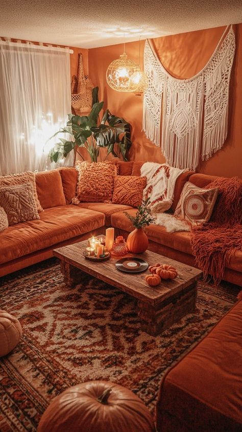 Rust Orange Living Room, Boho Living Room Brown Couch, Burnt Orange Couch Living Room Ideas, Brown And Orange Living Room Ideas, Orange Boho Living Room, Rust Couch Living Room Ideas, Orange Room Aesthetic, Orange Living Room Decor Ideas, Burnt Orange Sofa