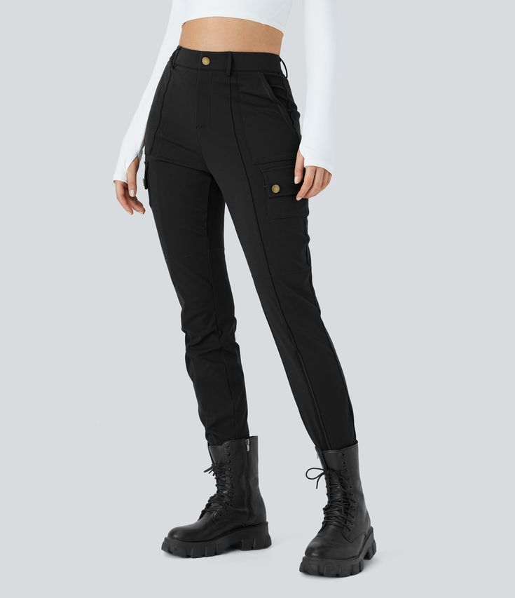 Women’s High Waisted Button Zipper Multiple Pockets Solid Skinny Hiking Cargo Pants - Halara Utility Mid-rise Bottoms With Button Closure, Fitted Cargo Pants With Button Closure For Fall, Utility Bottoms With Button Zip Fly For Fall, Fall Utility Bottoms With Button Zip Fly, Fall Utility Pants With Buttons, Trendy High-waist Cargo Pants With Button Closure, Fitted High Waist Cargo Pants With Button Closure, Mid-rise Cargo Pants With Button Closure For Work, Trendy Mid-rise Pants With Buttons