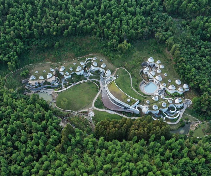 an aerial view of a building in the middle of a forest with lots of trees