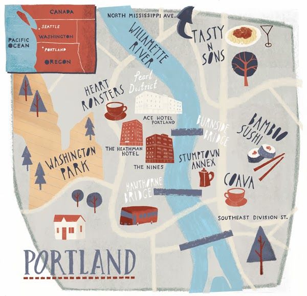 a map of portland, washington and seattle with the words portland written in red on it