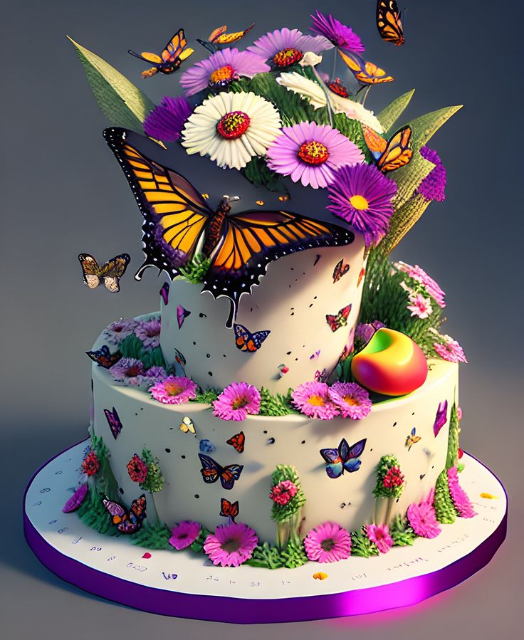 a multi layer cake decorated with flowers and butterflies