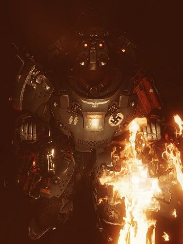 a large robot standing in front of a fire