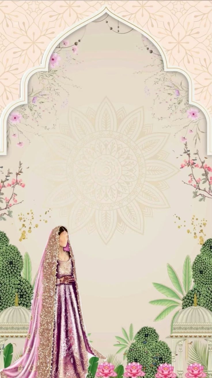 a woman in a pink and gold wedding dress standing next to a wall with flowers on it