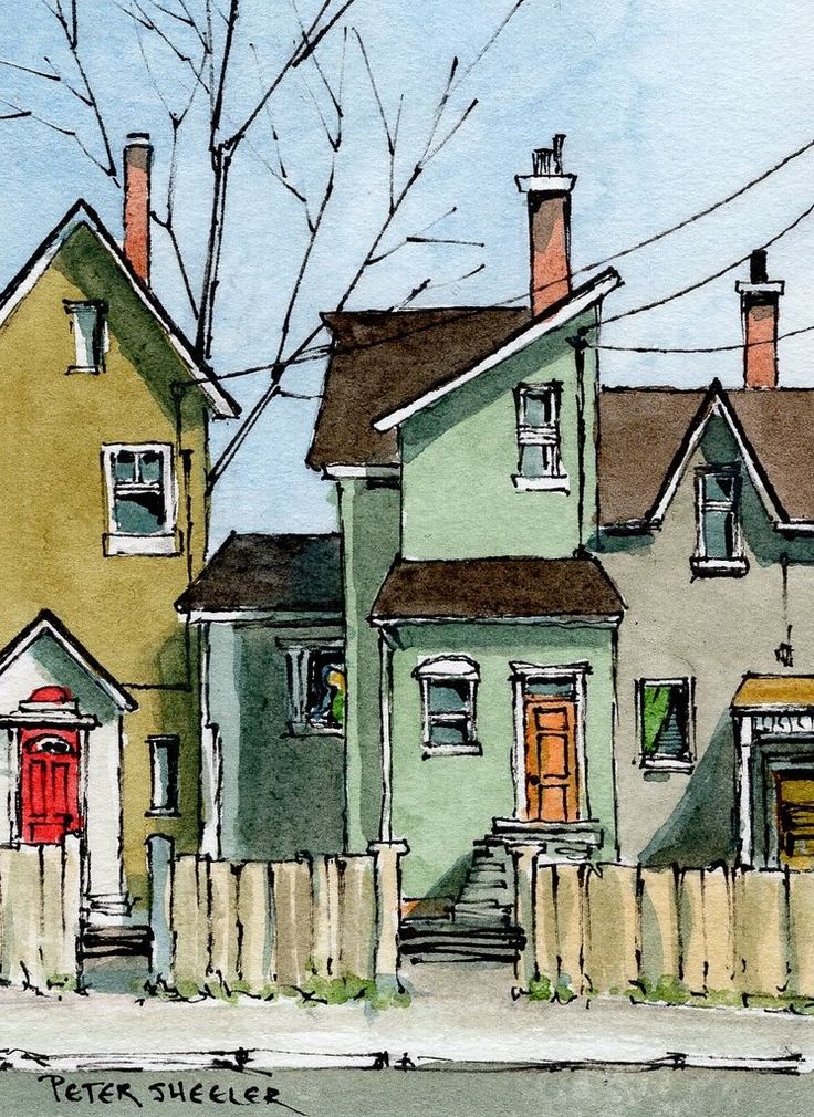 a drawing of two houses with red doors and windows in front of the house is shown