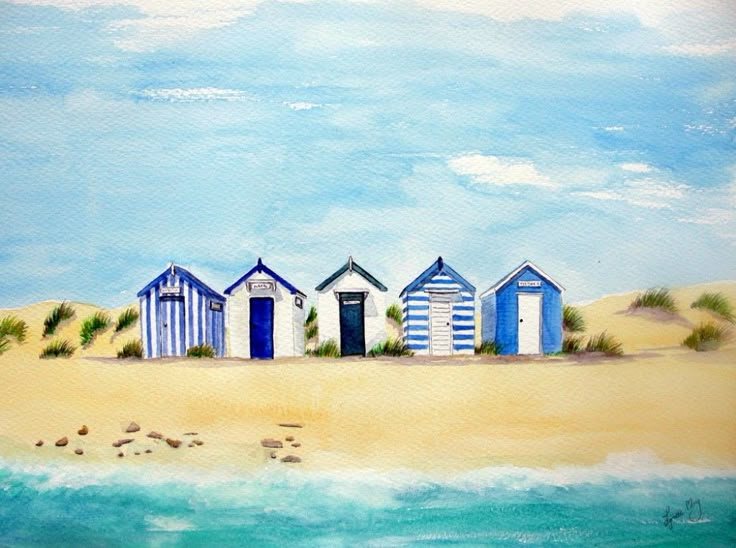 a painting of beach huts in the sand