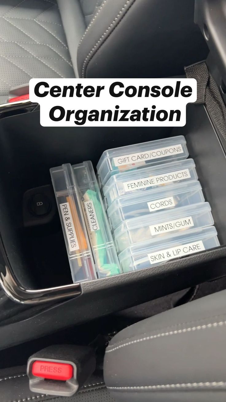 the center console is organized with plastic containers