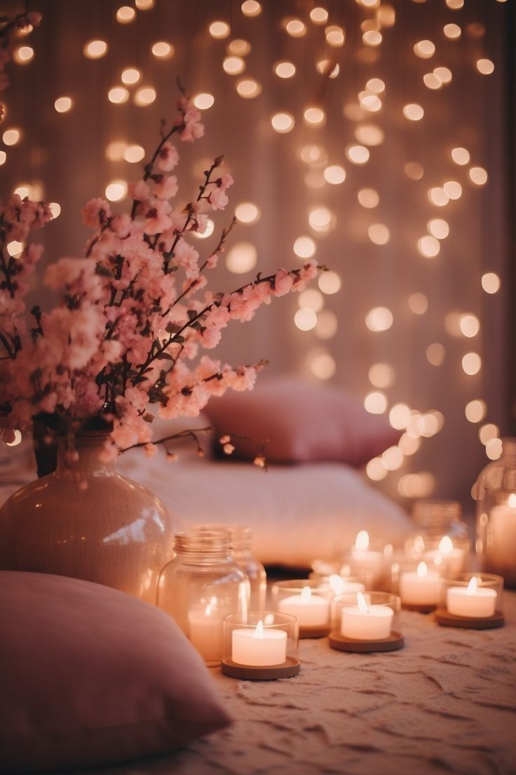 a vase filled with pink flowers sitting on top of a bed next to lit candles