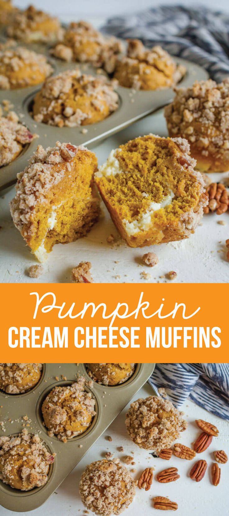 pumpkin cream cheese muffins with pecans in the background and text overlay that reads, pumpkin cream cheese muffins