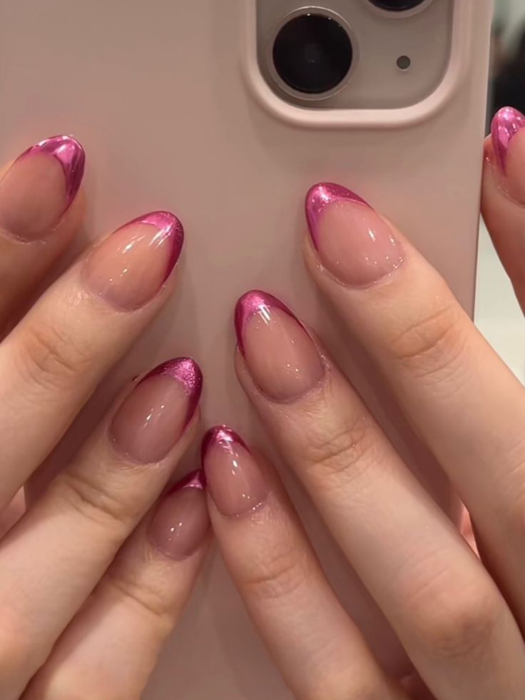 Prom Nails For Magenta Dress, Extra Small Almond Nails, Creative French Nails, Short Gelish Nails, Pink Gelish Nails, Gelish Inspo, Pink Short Almond Nails, 2023 Red Nails, Extra Short Almond Nails