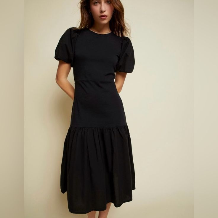 A Pared Back Elegant Vibe With Girly Touches, Like The Romantic Cotton Poplin Bubble Sleeve And Flounce Hem. You Get The Best Of Both Worlds With All The Comfort Of An Easy T-Shirt. Heavy Slub/ 100% Cotton Machine Wash Black Puff Sleeve Dress With Ruffle Hem, Black Puff Sleeve Midi Dress For Spring, Black Midi-length Puff Sleeve Dress For Brunch, Black Puff Sleeve Dress For Daywear, Black Midi-length Puff Sleeve Dress For Date Night, Black Puff Sleeve Midi Dress With Ruffles, Black Short Sleeve Midi Dress With Ruffle Hem, Black Midi Dress With Ruffle Hem For Brunch, Black Puff Sleeve Midi Dress For Date Night