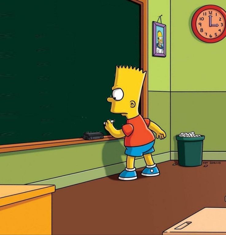 the simpsons is standing in front of a blackboard