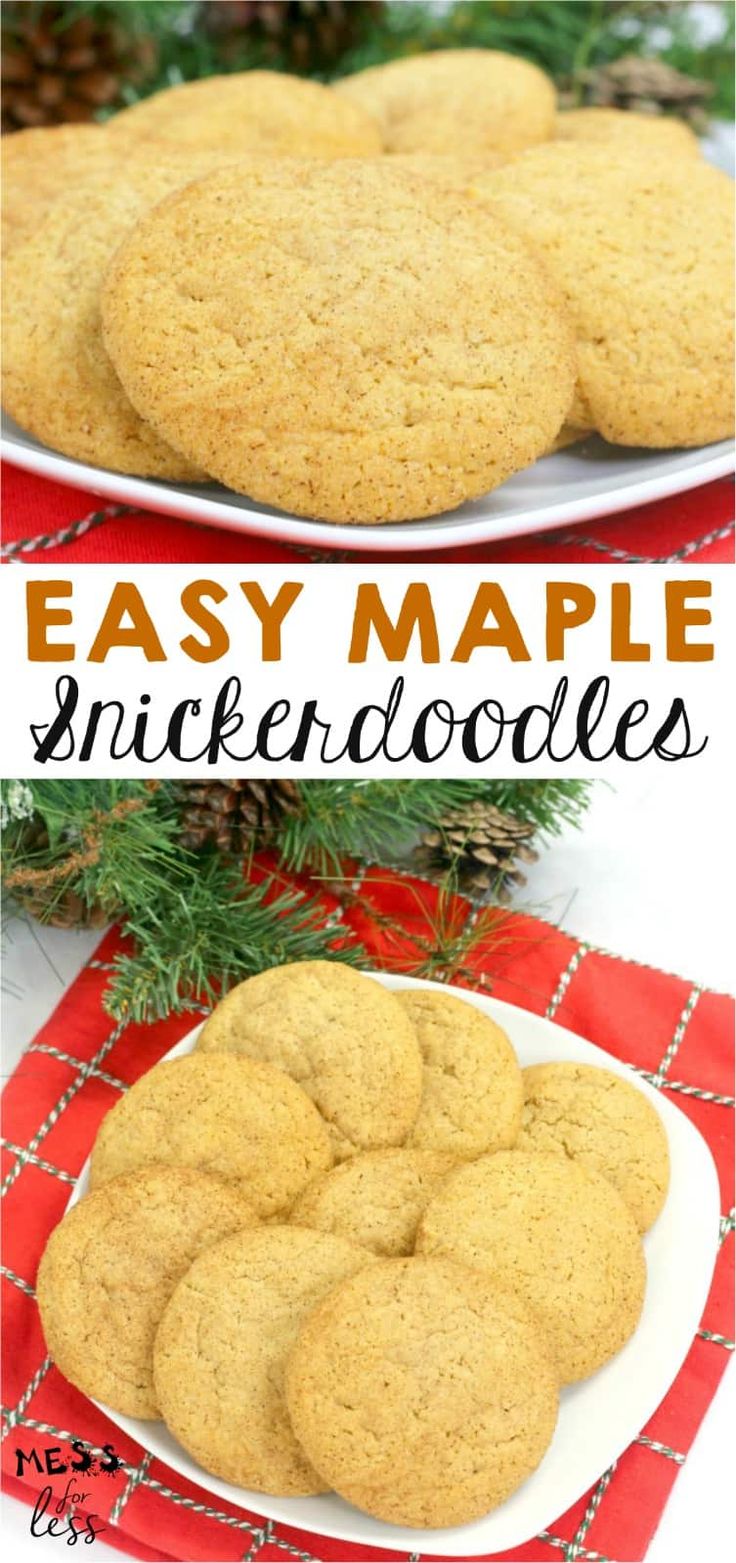 easy maple snickkerdoodle cookies on a white plate with pine cones in the background