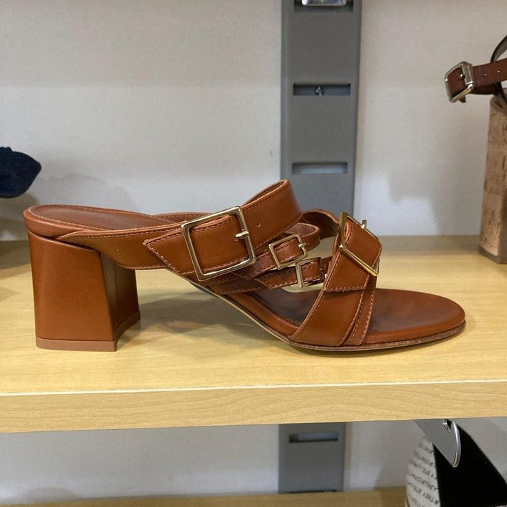 Sz 36.5, 36.5, 39, 39.5 Nib Initially Priced At $825 Marion Parke Shoes Slip-on Sandals With Padded Heel In Calf Leather, Brown High Heel Mules In Calf Leather, Brown High Heel Calf Leather Mules, Modern Brown Heels With Buckle Closure, Designer Round Toe Mules With Buckle Closure, Designer Mules With Buckle Closure And Round Toe, Luxury Almond Toe Mules With Heel Strap, Brown Calf Leather Heels With Buckle Closure, Office Sandals With Reinforced Heel And Round Toe