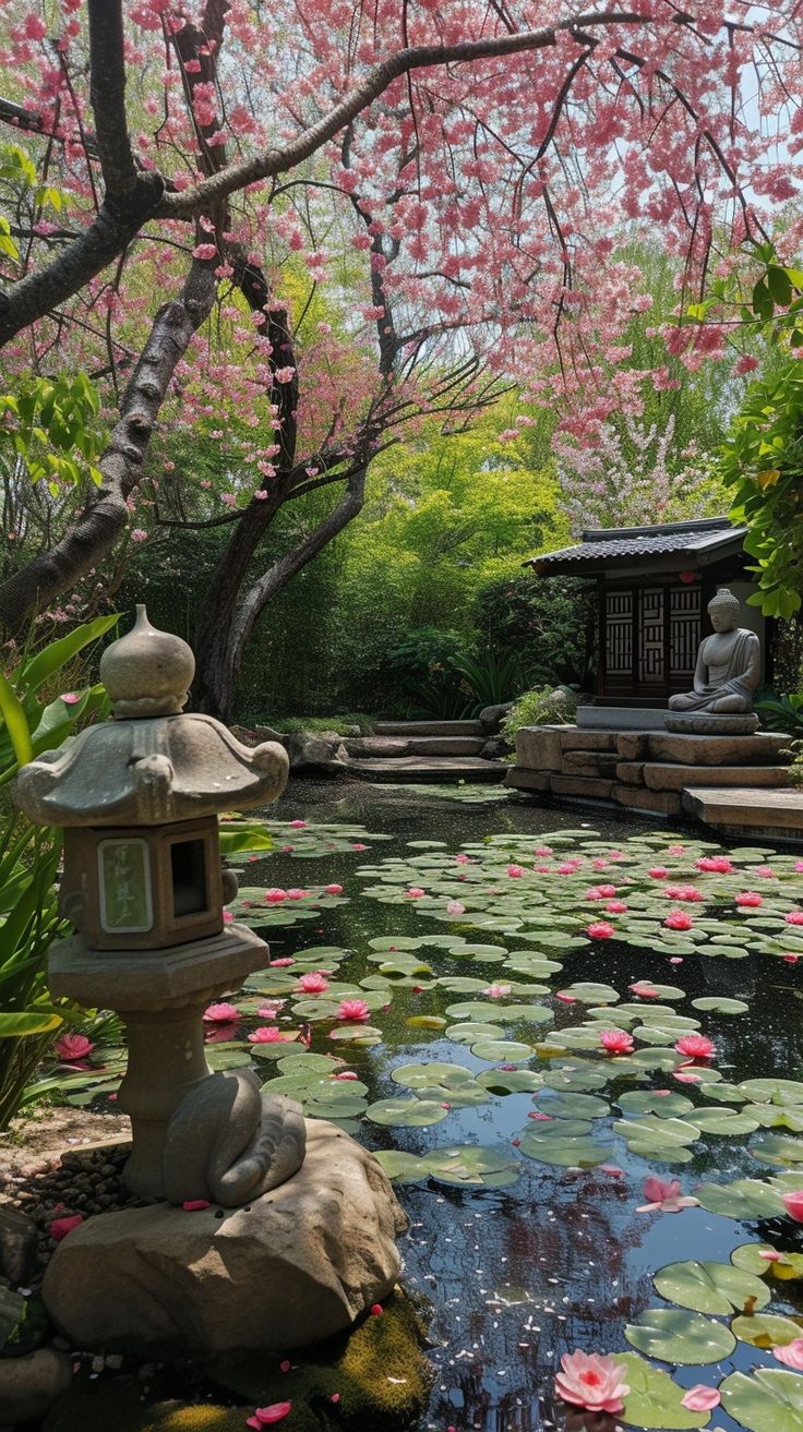 a pond filled with lots of water lilies next to a small wooden structure surrounded by trees