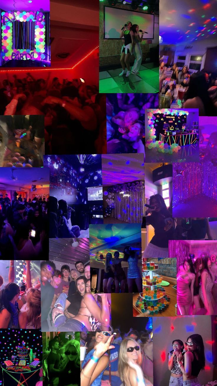 a collage of people dancing and having fun at a party with neon lights on the dance floor