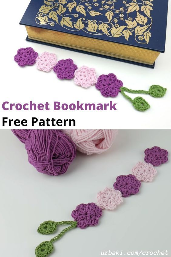 the crochet bookmark is next to a yarn ball with flowers on it