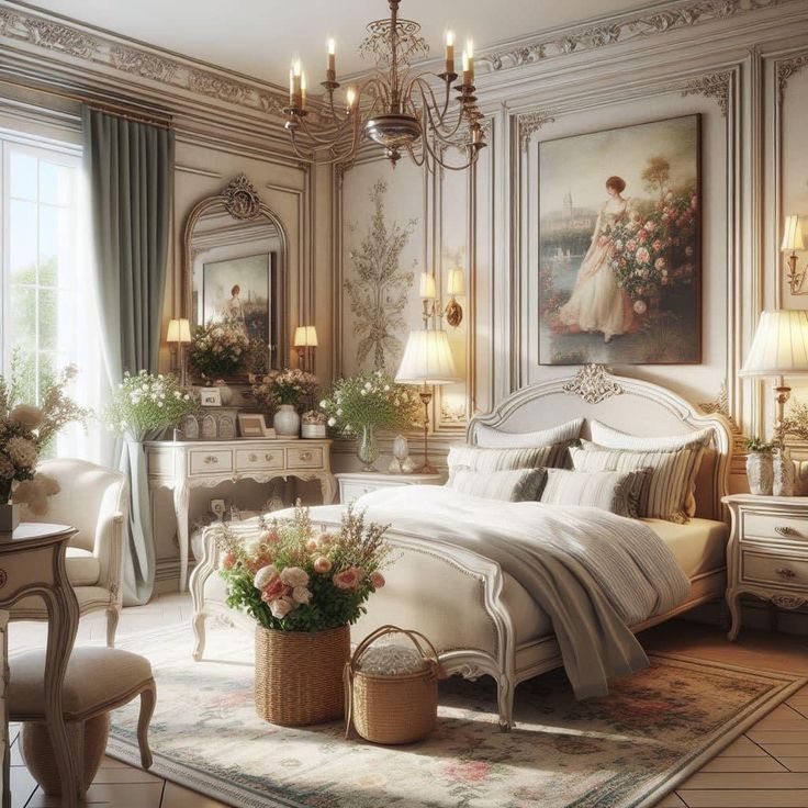 an elegant bedroom with chandeliers and paintings on the walls