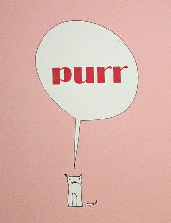 a cat sitting in front of a pink wall with the word purr written on it