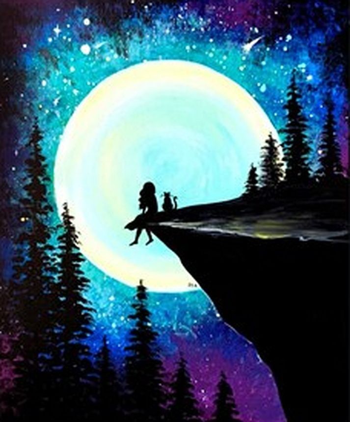 a painting of two people sitting on the edge of a cliff under a full moon