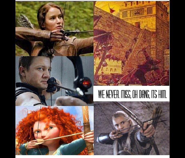 there are many pictures of the characters in the movie, and one has an arrow