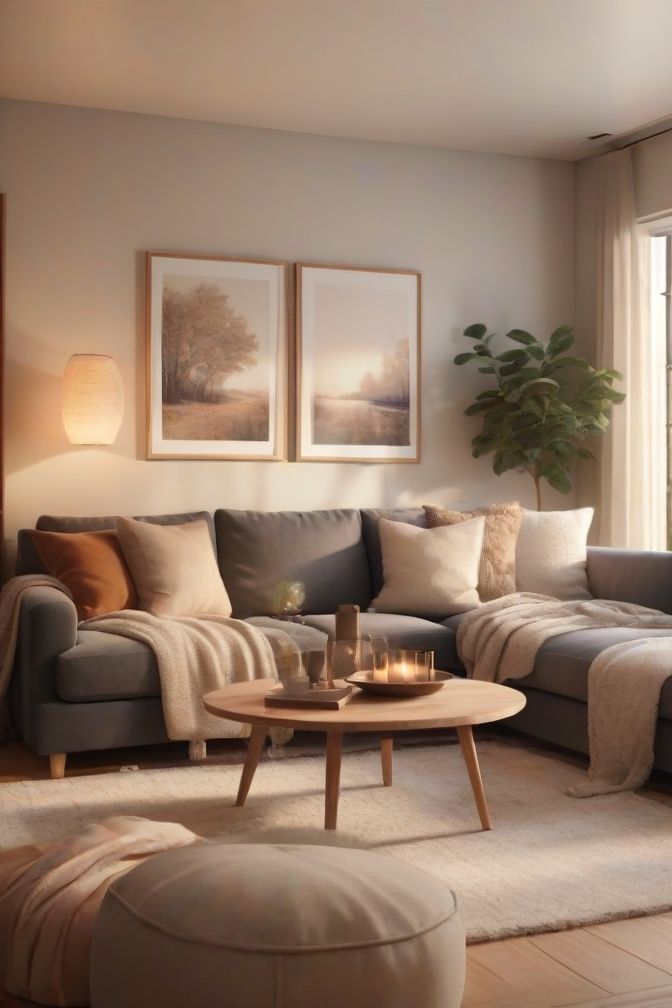 a living room with couches, tables and pictures hanging on the wall above them