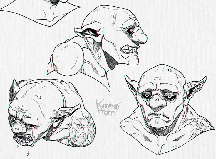 four different angles of the head of an evil man