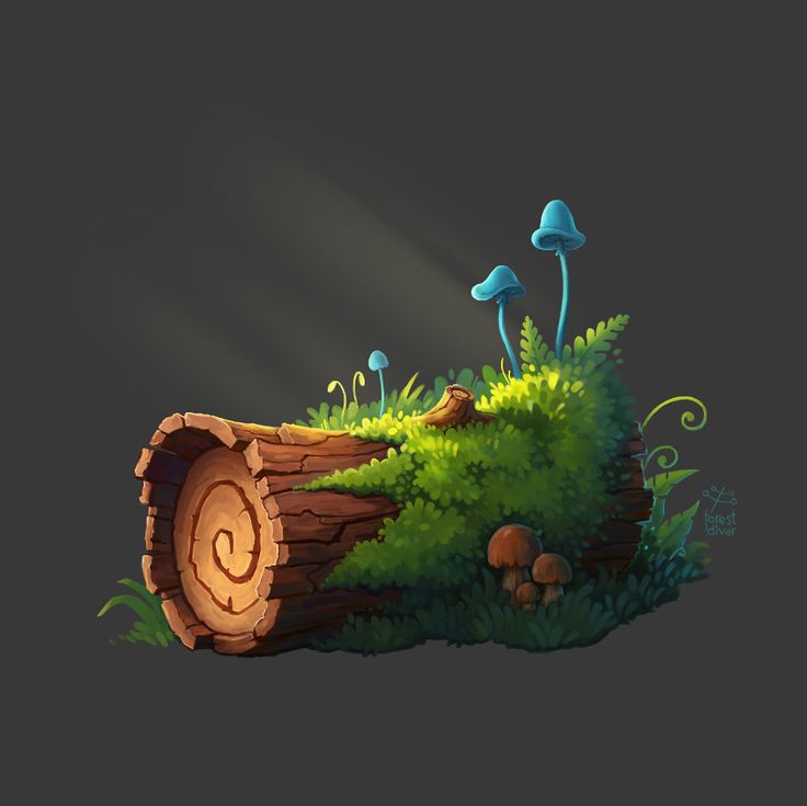 an illustration of a log with mushrooms growing out of it and grass in the background