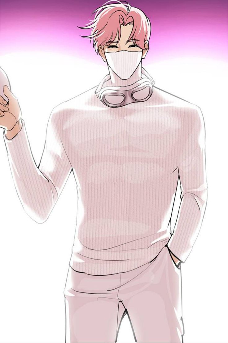 an anime character with pink hair wearing a white shirt and pants, holding his hand up to