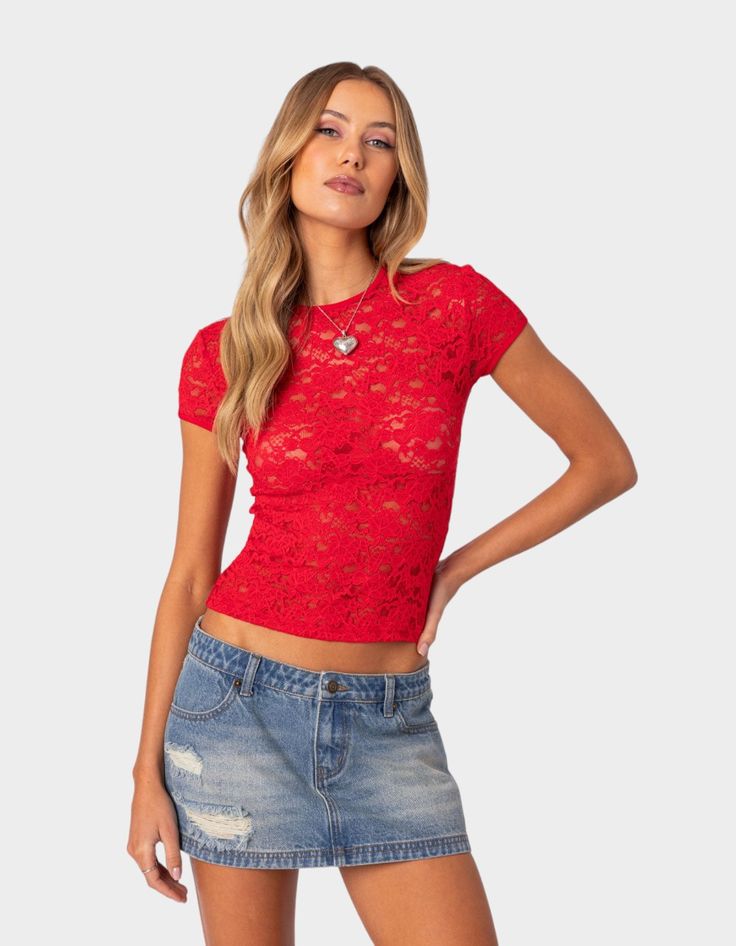 Have All Eyes On You In This Sexy Lace T-Shirt. It's Super Comfortable, With Sheer Fabric Will Surely Make The Statement You've Been After. T-Shirt. Sheer Lace Fabric. 95% Polyester, 5% Spandex. Model Wears Size S. Model Height Is 5'8. Item Care: Wash With Similar Color. | Edikted Kaori Sheer Lace Tee Fitted Lace Top T-shirt For Spring, Fitted Lace Top T-shirt With Crew Neck, Fitted Short Sleeve Lace Top T-shirt, Spring Stretchy Lace Top, Spring Stretch Lace Top, Casual Lace Top For Party, Fitted Lace Top T-shirt For Summer, Summer Fitted Top T-shirt For Night Out, Fitted Lace Top With Short Sleeves For Night Out