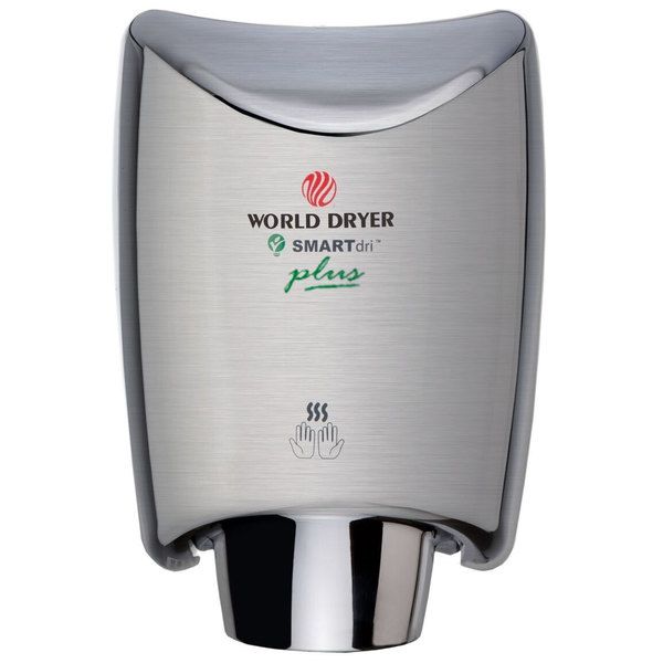 the world dryer automatic hand towel dispenser is stainless steel and has a silver finish