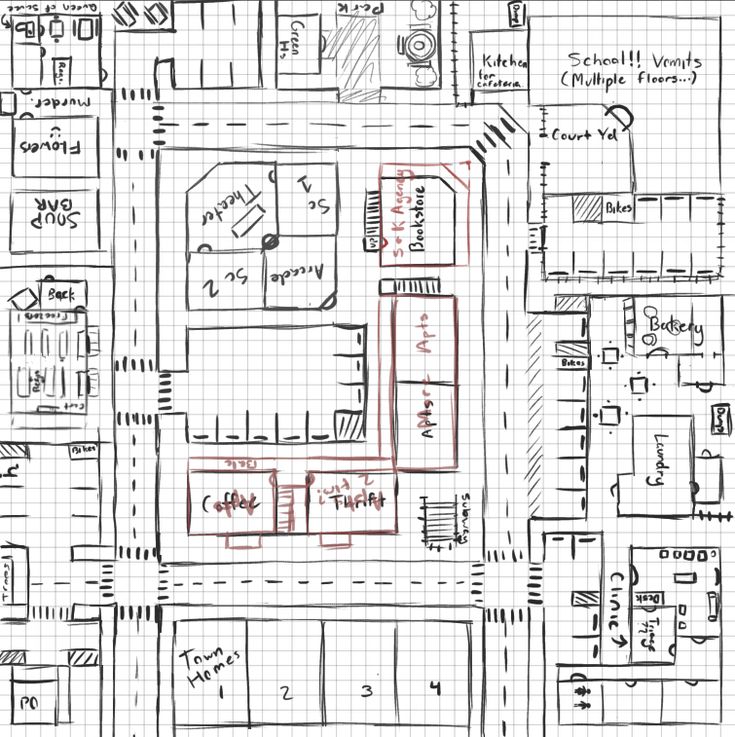 a drawing of a floor plan that is drawn in graph paper with red marker on it