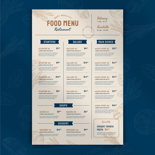 a restaurant menu is shown on a blue background