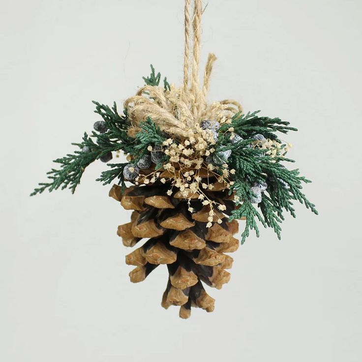 a pine cone ornament hanging from a rope