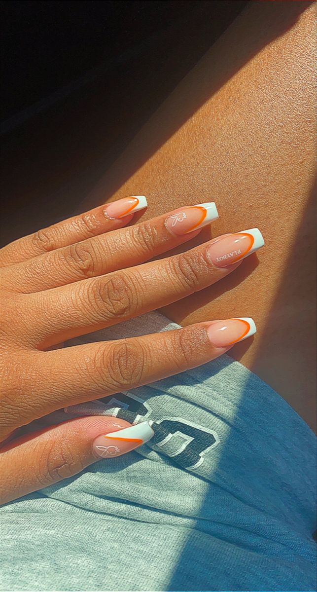 Orange French Tip Nails Acrylics, Orange French Tip Toes, Wic Meals, Playboy Acrylic Nails, Unique French Tip Nails Design, Orange Acrylic Nails, Sassy Nails, French Tip Acrylic Nails, Blush Nails