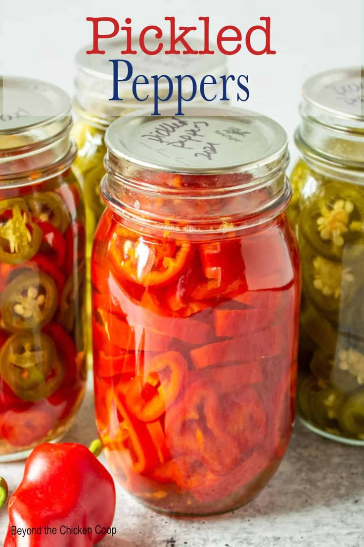 pickled peppers in mason jars with text overlay