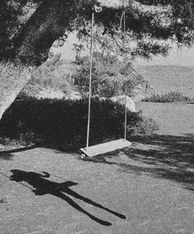 an old black and white photo of a person swinging on a rope swing with the caption you walk in your backyard and see this what's your next move????