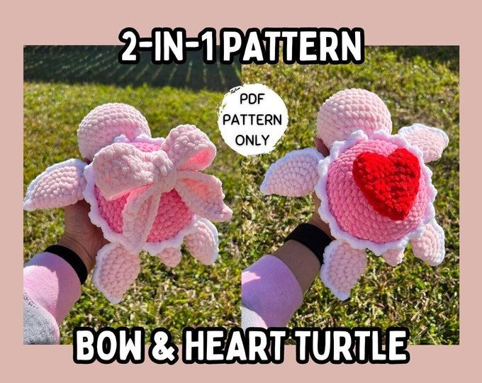 two handmade crocheted stuffed animals in pink and white, one with a heart on it