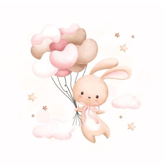 a bunny flying through the air with some balloons