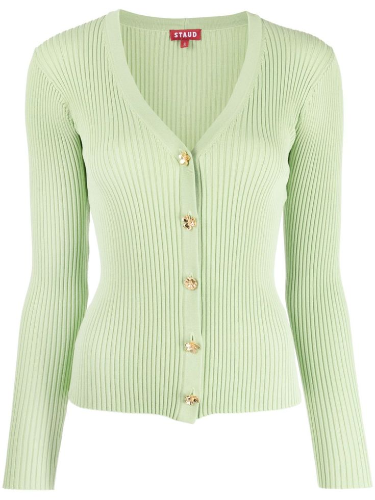 light green ribbed knit V-neck front button fastening long sleeves straight hem Flower Button, Green Cardigan, Ribbed Cardigan, Green Button, Looks Chic, V Neck Cardigan, Cardigan Fashion, Gold Flower, Summer Beach Wear