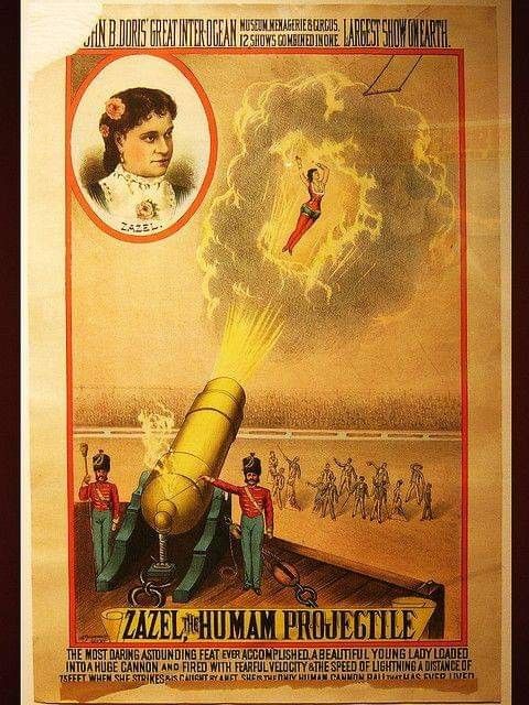 an old poster with a man holding a rocket in front of his head and people on the other side