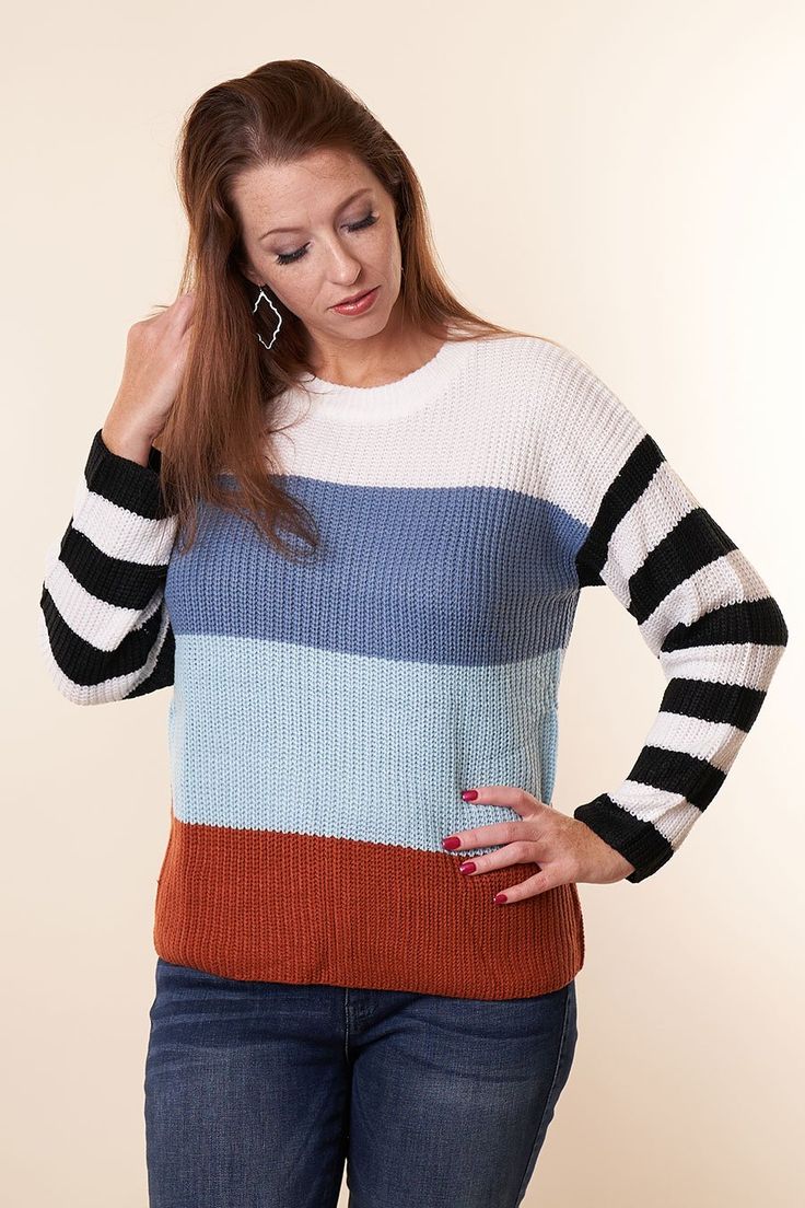 We are literally crushing on this sweater! It is so cute with its color block body and tripped sleeves. Wear this with your favorite pair of jeggings and booties to complete the look! Materials: 100% Acrylic Model Info: Nicole is 5' 9" and is wearing a medium. Trendy Sweater With Striped Sleeves For Fall, Knit Sweater With Striped Sleeves For Fall, Fall Striped Sleeve Sweater For Layering, Fall Layering Sweater With Striped Sleeves, Casual Sweater With Striped Sleeves For Fall, Casual Striped Sleeves Sweater For Fall, Trendy Fall Sweater With Color Matching, Knit Tops With Striped Sleeves For Fall, Fall Knit Top With Striped Sleeves