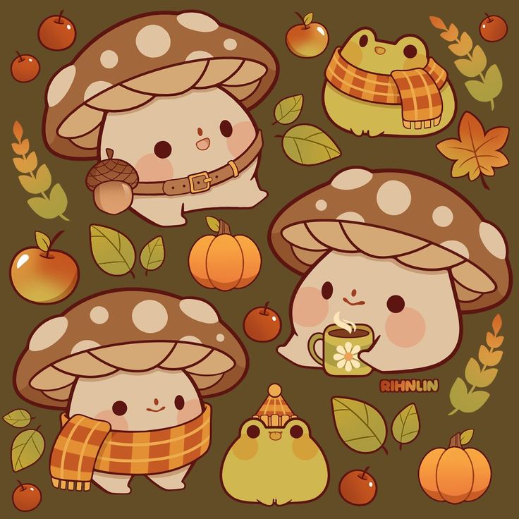 some cute little mushrooms and pumpkins on a brown background, with leaves around them