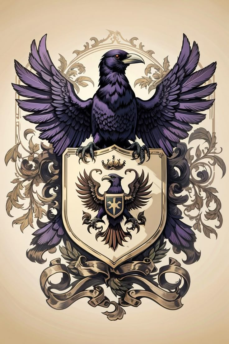 a black bird sitting on top of a purple and white shield with an ornate border around it