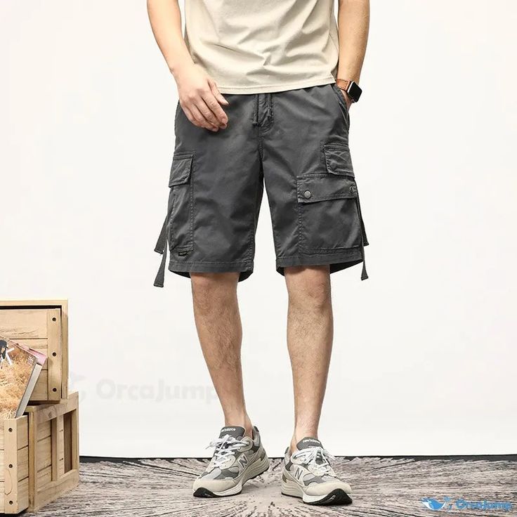 OrcaJump - Casual Cargo Shorts with Five-Pocket Design and Functional Pockets. Summer Cargo Pants With Hip Pockets For Outdoor Activities, Summer Shorts For Outdoor Activities With Pockets, Summer Shorts With Pockets For Outdoor Activities, Summer Outdoor Cargo Pants With Pockets, Cotton Solid Color Shorts With Pockets, Gray Cargo Shorts With Pockets For Outdoor Activities, Gray Bottoms With Pockets For Outdoor Activities, Summer Outdoor Bottoms With Pockets, Gray Cargo Shorts With Pockets For Outdoor